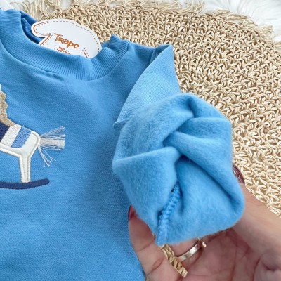 Conj. Casaco Cavalinho de Brinquedo e Calça de Moletom - Azul Bebê e Chumbo